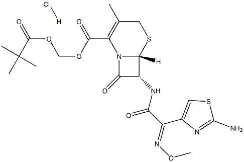 (6R,7R)-7-[[(Z)-2-(2-アミノチアゾール-4-イル)-2-(メトキシイミノ)アセチル]アミノ]-3-メチル-8-オキソ-5-チア-1-アザビシクロ[4.2.0]オクタ-2-エン-2-カルボン酸(2,2-ジメチル-1-オキソプロポキシ)メチル·塩酸塩 化学構造式