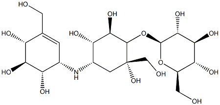 1-O-β-D-グルコピラノシル-2-C-(ヒドロキシメチル)-4-[[(1S,4R,5S,6S)-4,5,6-トリヒドロキシ-3-(ヒドロキシメチル)-2-シクロヘキセン-1-イル]アミノ]-3,4-ジデオキシ-D-epi-イノシトール 化学構造式