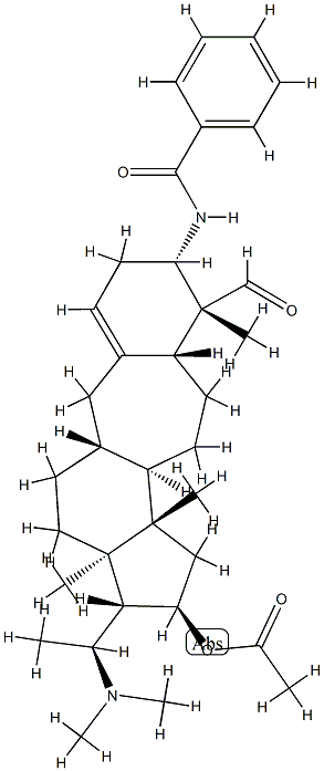 N-[(20S)-16α-アセチルオキシ-20-(ジメチルアミノ)-4β-ホルミル-4,14-ジメチル-9a-ホモ-19-ノル-5α-プレグナ-1(10)-エン-3β-イル]ベンズアミド 化学構造式