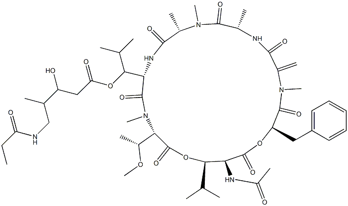 L-Threonine,(3R)-N-acetyl-3-hydroxy-L-leucyl-(aR)-a-hydroxybenzenepropanoyl-2,3-didehydro-N-methylalanyl-L-alanyl-N-methyl-L-alanyl-(3R)-3-[[(2S,3R)-3-hydroxy-4-methyl-1-oxo-2-[(1-oxopropyl)amino]pentyl]oxy]-L-leucyl-N,O-dimethyl-,(7(R)1)-lactone (9CI) 化学構造式