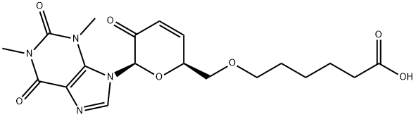 7-(6-O-(5-carboxypentyl)-3,4-dideoxyhex-3-enopyranosyl-2-ulose)theophylline 化学構造式