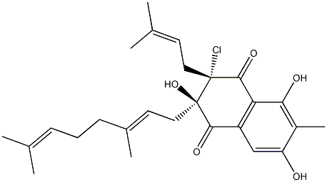 rel-3β*-クロロ-2-[(E)-3,7-ジメチル-2,6-オクタジエニル]-2,3-ジヒドロ-2α*,5,7-トリヒドロキシ-6-メチル-3-(3-メチル-2-ブテニル)-1,4-ナフタレンジオン 化学構造式