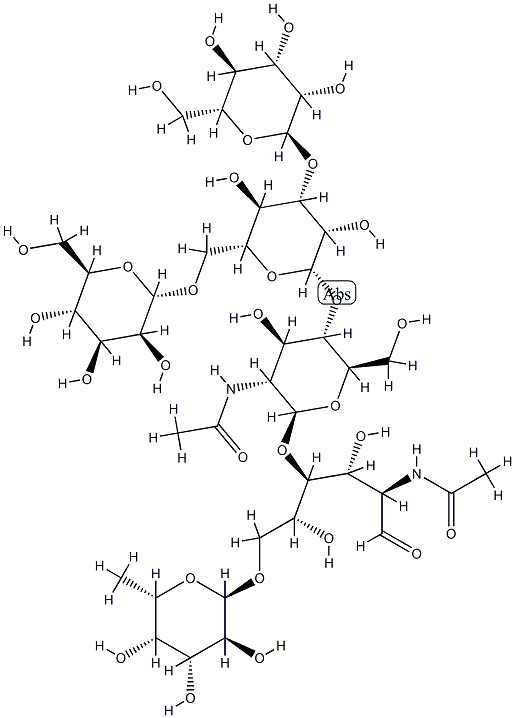 O-6-脱氧-ALPHA-L-吡喃半乳糖基-(1-6)-O-[O-ALPHA-D-甘露糖基-(1-3)-O-[ALPHA-D-甘露糖基-(1-6)]-O-BETA-D-甘露糖基-(1-4)-2-(乙酰氨基)-2-脱氧-BETA-D-吡喃葡萄糖基-(1-4)]-2-(乙酰氨基)-2-脱氧-D-葡萄糖 结构式