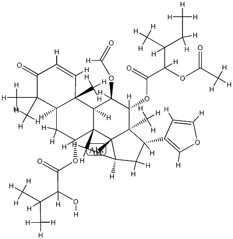 (13α,17S)-12α-[(2-Acetoxy-3-methyl-1-oxopentyl)oxy]-14β,15β:21,23-diepoxy-11β-formyloxy-7α-(2-hydroxy-3-methyl-1-oxobutoxy)-4,4,8-trimethyl-24-nor-5α-chola-1,20,22-trien-3-one,11052-31-6,结构式