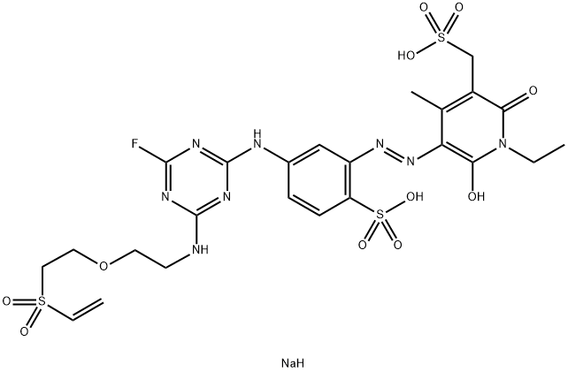 3-Pyridinemethanesulfonic acid, 5-5-4-2-2-(ethenylsulfonyl)ethoxyethylamino-6-fluoro-1,3,5-triazin-2-ylamino-2-sulfophenylazo-1-ethyl-1,2-dihydro-6-hydroxy-4-methyl-2-oxo-, disodium salt 结构式