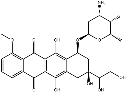 (8S)-7,8,9,10-テトラヒドロ-10α-[(3-アミノ-2,3,4,6-テトラデオキシ-4-ヨード-α-L-lyxo-ヘキソピラノシル)オキシ]-8-[(S)-1,2-ジヒドロキシエチル]-1-メトキシ-6,8α,11-トリヒドロキシ-5,12-ナフタセンジオン 化学構造式