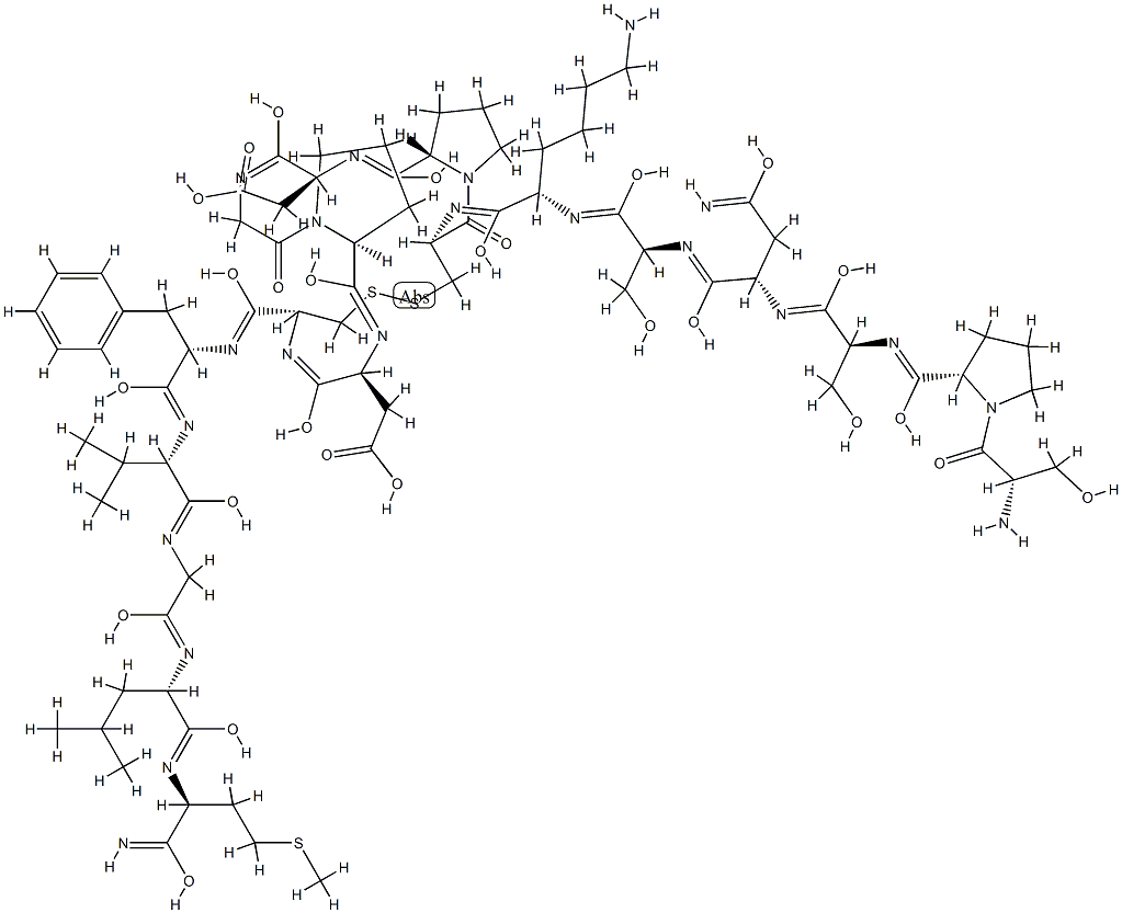 2-[(6S,9S,15R,20R,23S,26S)-15-[(2S)-6-アミノ-2-[(2S)-2-[(2S)-2-[(2S)-2-{[(2S)-1-[(2S)-2-アミノ-3-ヒドロキシプロパノイル]ピロリジン-2-イル]ホルムアミド}-3-ヒドロキシプロパンアミド]-3-カルバモイルプロパンアミド]-3-ヒドロキシプロパンアミド]ヘキサンアミド]-20-{[(1S)-1-{[(1S)-1-[({[(1S)-1-{[(1S)-1-カルバモイル-3-(メチルスルファニル)プロピル]カルバモイル}-3-メチルブチル]カルバモイル}メチル)カルバモイル]-2-メチルプロピル]カルバモイル}-2-フェニルエチル]カルバモイル}-23-(カルボキシメチル)-2,5,8,14,22,25-ヘキサオキソ-17,18-ジチア-1,4,7,13,21,24-ヘキサアザトリシクロ[24.3.0.09,13]ノナコサン-6-イル]酢酸 化学構造式