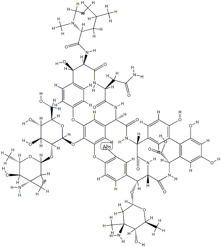 (4''R)-22-O-(3-Amino-3-C-methyl-2,3,6-trideoxy-α-L-arabino-hexopyranosyl)-10-dechloro-56-methylvancomycin Struktur