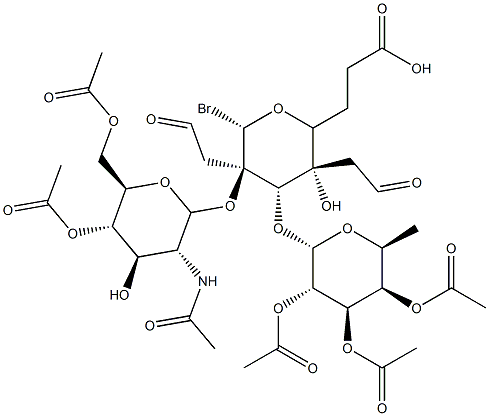 O-(2,3,4-tri-O-acetylfucopyranosy)-(1--3)-O-(2-acetamido-4,6-di-O-acetyl-2-deoxyglucopyranosyl)-(1--3)-2,4,6-tri-O-acetylgalactopyranosyl bromide 结构式