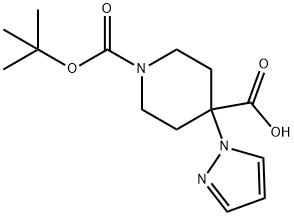 1-(tert-butoxycarbonyl)-4-(1H-pyrazol-1-yl)piperidine-4-carboxylic acid(WX160350) 化学構造式