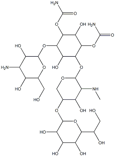 [2-[4-amino-3,5-dihydroxy-6-(hydroxymethyl)oxan-2-yl]oxy-5-carbamoylox y-4-[5-[6-(1,2-dihydroxyethyl)-3,4,5-trihydroxy-oxan-2-yl]oxy-4-hydrox y-3-methylamino-oxan-2-yl]oxy-3,6-dihydroxy-cyclohexyl] carbamate,117192-99-1,结构式