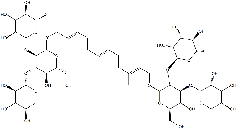 (2E,6E,10E)-2,6,10-Trimethyl-1,12-bis[[2-O-(6-deoxy-α-L-mannopyranosyl)-3-O-(β-D-xylopyranosyl)-β-D-glucopyranosyl]oxy]dodecane-2,6,10-triene,117221-69-9,结构式