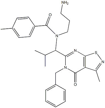 N-(3-アミノプロピル)-N-[(R)-1-[3-メチル-4-オキソ-5-ベンジル-4,5-ジヒドロイソチアゾロ[5,4-d]ピリミジン-6-イル]-2-メチルプロピル]-4-メチルベンズアミド 化学構造式