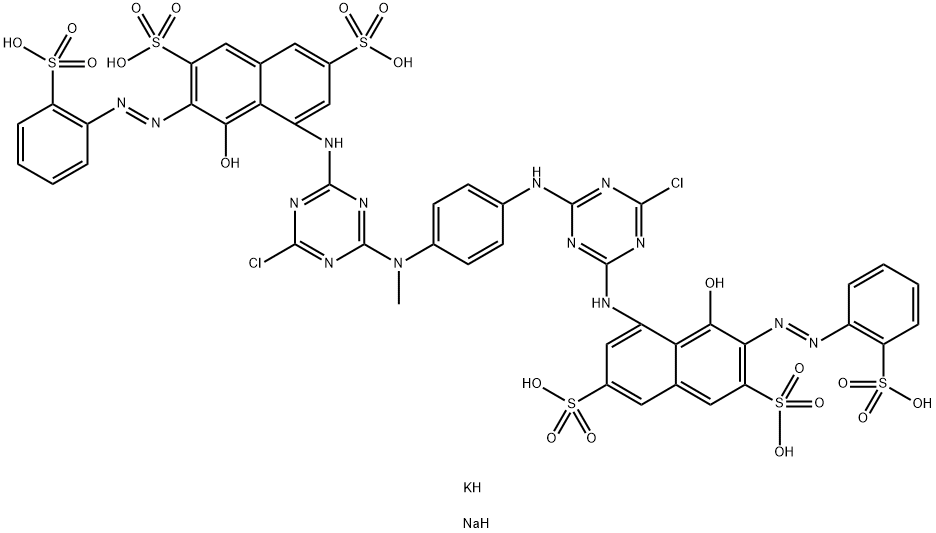 2,7-Naphthalenedisulfonic acid, 5-4-chloro-6-4-4-chloro-6-8-hydroxy-3,6-disulfo-7-(2-sulfophenyl)azo-1-naphthalenylamino-1,3,5-triazin-2-ylaminophenylmethylamino-1,3,5-triazin-2-ylamino-4-hydroxy-3-(2-sulfophenyl)azo-, potassium sodium salt Struktur