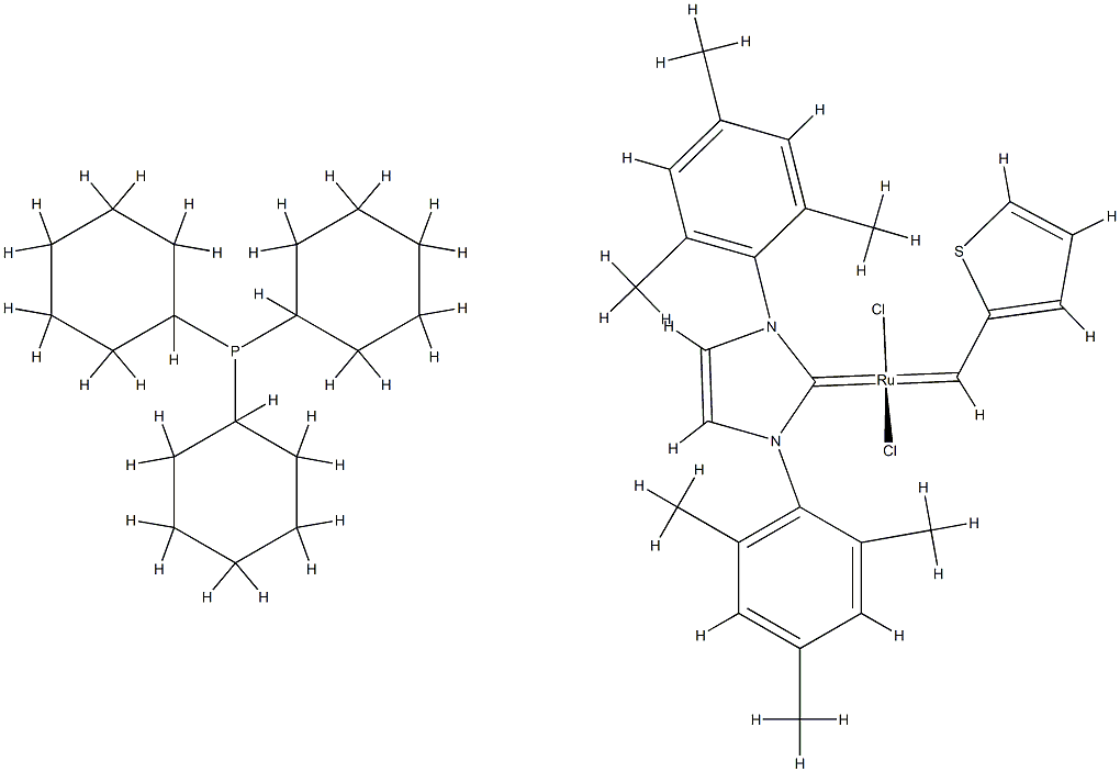 三环[1,3 -二(2,4,6三甲苯)咪唑- 2 -亚基] [2 -噻吩亚甲基]钌 结构式