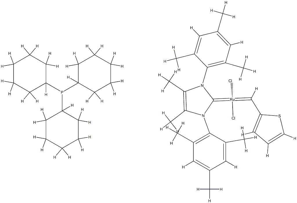 TRICYCLOHEXYLPHOSPHINE[4,5-DIMETHYL-1,3-BIS(2,4,6-TRIMETHYLPHENYL)IMIDAZOL-2-YLIDENE][2-THIENYLMETHYLENE]RUTHENIUM(II) DICHLORIDE, MIN. 95% [CATMETIUM® RF 3] 化学構造式