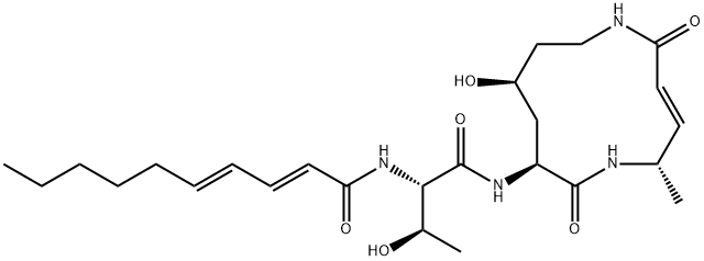 (2E,4E)-N-[(1S,2R)-2-ヒドロキシ-1-[[[[(3E,5S,8S,10S)-10-ヒドロキシ-5-メチル-2,7-ジオキソ-1,6-ジアザシクロドデカ-3-エン]-8-イル]アミノ]カルボニル]プロピル]-2,4-デカジエンアミド 化学構造式