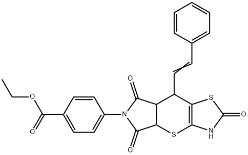 ethyl (E)-4-(2,5,7-trioxo-8-styryl-3,4a,5,7,7a,8-hexahydropyrrolo[3,4:5,6]thiopyrano[2,3-d]thiazol-6(2H)-yl)benzoate Struktur