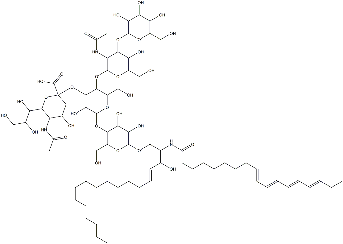 5-acetamido-2-[5-[3-acetamido-5-hydroxy-6-(hydroxymethyl)-4-[3,4,5-tri hydroxy-6-(hydroxymethyl)oxan-2-yl]oxy-oxan-2-yl]oxy-2-[4,5-dihydroxy- 2-(hydroxymethyl)-6-[(E)-3-hydroxy-2-[[(9E,11E,13E,15E)-octadeca-9,11, 13,15-tetraenoyl]amino]octadec-4-enoxy]oxan-3-yl]oxy-3-hydroxy-6-(hydr oxymethyl)oxan-4-yl]oxy-4-hydroxy-6-(1,2,3-trihydroxypropyl)oxane-2-ca rboxylic acid 结构式