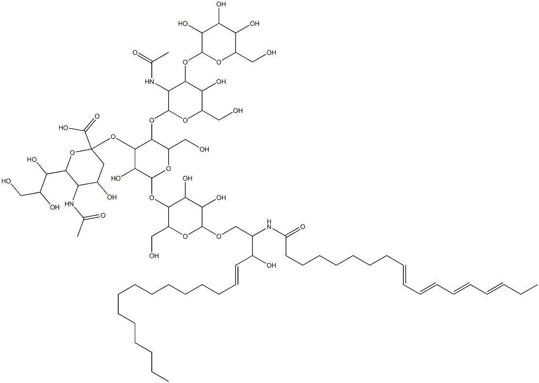 5-acetamido-2-[5-[3-acetamido-5-hydroxy-6-(hydroxymethyl)-4-[3,4,5-tri hydroxy-6-(hydroxymethyl)oxan-2-yl]oxy-oxan-2-yl]oxy-2-[4,5-dihydroxy- 2-(hydroxymethyl)-6-[(E)-3-hydroxy-2-[[(9E,11E,13E,15E)-octadeca-9,11, 13,15-tetraenoyl]amino]octadec-4-enoxy]oxan-3-yl]oxy-3-hydroxy-6-(hydr oxymethyl)oxan-4-yl]oxy-4-hydroxy-6-(1,2,3-trihydroxypropyl)oxane-2-ca rboxylic acid,120418-73-7,结构式