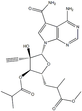 7H-Pyrrolo[2,3-d]pyriMidine-5-carboxaMide, 4-aMino-7-[2-C-ethynyl-3,5-bis-O-(2-Methyl-1-oxopropyl)-β-D-ribofuranosyl]- Structure