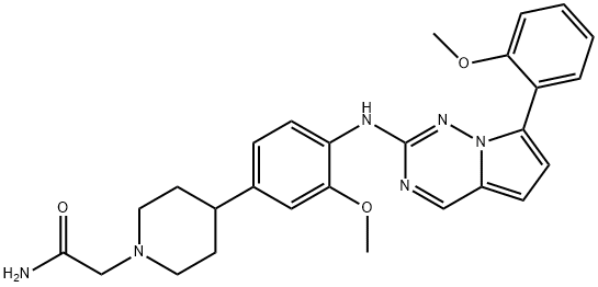 1-PiperidineacetaMide, 4-[3-Methoxy-4-[[7-(2-Methoxyphenyl)pyrrolo[2,1-f][1,2,4]triazin-2-yl]aMino]phenyl]-,1233145-49-7,结构式
