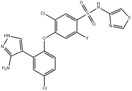 4-(2-(3-amino-1H-pyrazol-4-yl)-4-chlorophenoxy)-5-chloro-2-fluoro-N-(thiazol-4-yl)benzenesulfonamide
Molecular Weight: 500.35 Structure