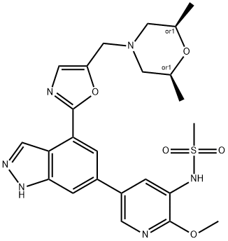 MethanesulfonaMide, N-[5-[4-[5-[[(2R,6S)-2,6-diMethyl-4-Morpholinyl]Methyl]-2-oxazolyl]-1H-indazol-6-yl]-2-Methoxy-3-pyridinyl]-, rel- Structure