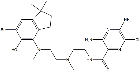 3,5-ジアミノ-N-[2-[[2-[[[(6-ブロモ-2,3-ジヒドロ-5-ヒドロキシ-1,1-ジメチル-1H-インデン)-4-イル]メチル]アミノ]エチル]メチルアミノ]エチル]-6-クロロ-2-ピラジンカルボアミド 化学構造式