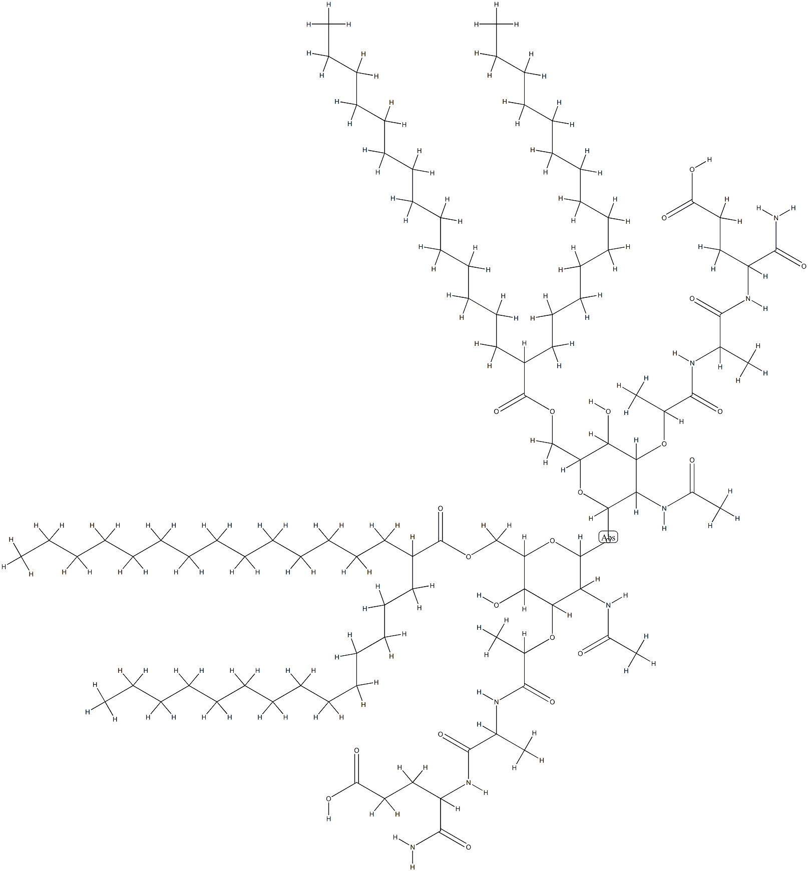2,2'-O-(2,2'-diacetamido-2,3,2',3'-tetradeoxy-6,6'-di-O-(2-tetradecylhexadecanoyl)-alpha,alpha'-trehalose-3,3'-diyl)bis(N-lactoyl-alanyl-isoglutamine) Structure