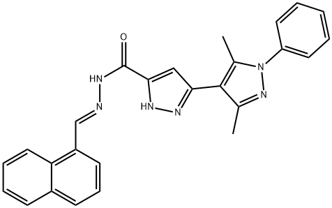 (E)-3,5-dimethyl-N-(naphthalen-1-ylmethylene)-1-phenyl-1H,1H-[3,4-bipyrazole]-5-carbohydrazide Struktur