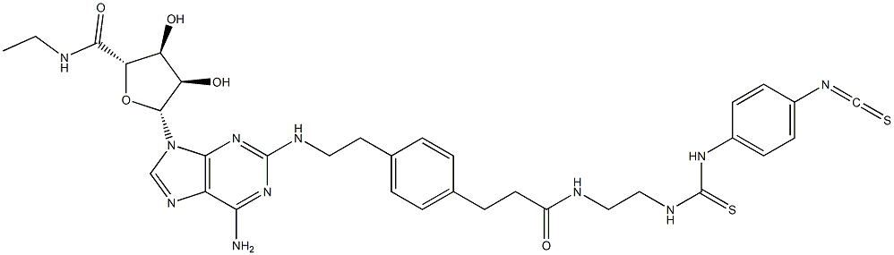4-isothiocyanatophenylaminothiocarbonyl-2-((2-aminoethylaminocarbonylethyl)phenylethylamino)-5'-N-ethylcarboxamidoadenosine,129666-43-9,结构式