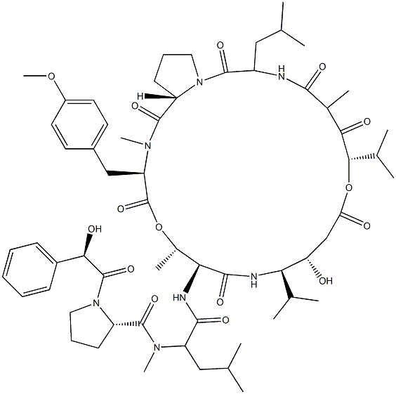 N-[N-[(R)-Hydroxyphenylacetyl]-L-Pro-N-methyl-D-Leu-]cyclo[L-Thr*-[(3S,4R)-3-hydroxy-4-isopropyl-γAbu-]-[(2S,4S)-4-hydroxy*-2,5-dimethyl-3-oxohexanoyl]-L-Leu-L-Pro-N,O-dimethyl-L-Tyr-] Struktur