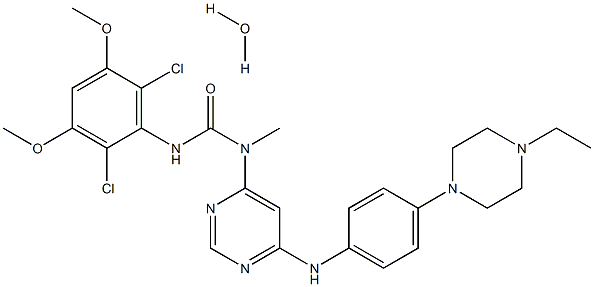 Urea, N′-(2,6-dichloro-3,5-dimethoxyphenyl)-N-[6-[[4-(4-ethyl-1-piperazinyl)phenyl]amino]-4-pyrimidinyl]-N-methyl-, hydrate (1:1) Struktur