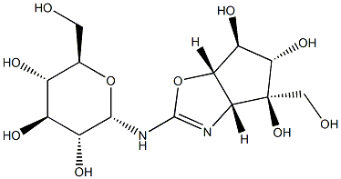 (3aR)-4,5,6,6aα-テトラヒドロ-4α,5β,6α-トリヒドロキシ-2-(α-D-グルコピラノシルアミノ)-3aαH-シクロペンタオキサゾール-4β-メタノール 化学構造式