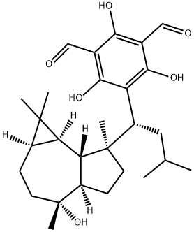 (1aR,4aβ,7aα,7bβ)-デカヒドロ-1,1,4,7-テトラメチル-7α-[(R)-2,4,6-トリヒドロキシ-3,5-ジホルミル-α-(2-メチルプロピル)ベンジル]-1H-シクロプロパ[e]アズレン-4β-オール 化学構造式