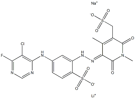 sodium (1.0-1.95)/lithium (0.05-1) 5-((5-((5-chloro-6-fluoro-pyrimidin-4-yl)amino)-2-sulfonatophenyl)azo)-1,2-dihydro-6-hydroxy-1,4-dimethyl-2-oxo-3-pyridinemethylsulfonate,134595-59-8,结构式