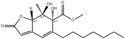 (6R)-2,6,7,7aα-テトラヒドロ-6β,7α-ジヒドロキシ-7-メチル-2-オキソ-5-ヘプチルベンゾフラン-6α-カルボン酸メチル 化学構造式