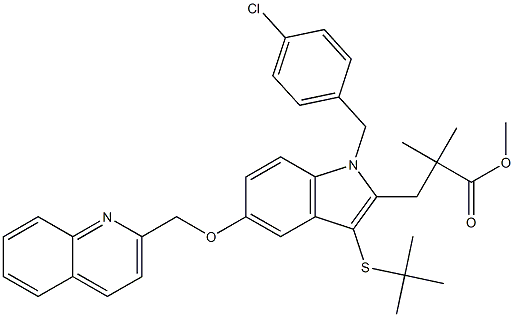 1H-INDOLE-2-PROPANOIC ACID, 1-[(4-CHLOROPHENYL)METHYL]-3-[(1,1-DIMETHYLETHYL)THIO]-Α,Α-DIMETHYL-5-(2-QUINOLINYLMETHOXY)-, METHYL ESTER 结构式