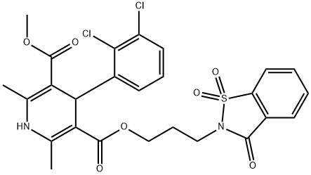 3,5-Pyridinedicarboxylic acid, 4-(2,3-dichlorophenyl)-1,4-dihydro-2,6-dimethyl-, methyl 3-(3-oxo-1,2-benzisothiazol-2(3H)-yl)propyl ester, S,S-dioxide 化学構造式