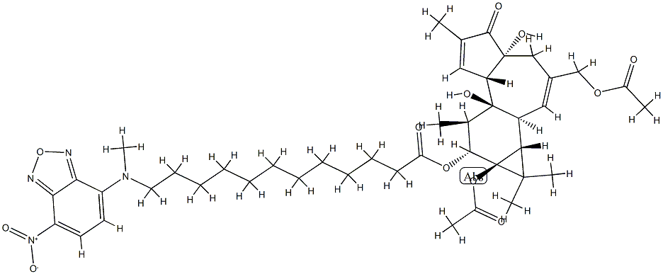 phorbol-13-acetate-12-N-methyl-N-4-(N,N'-di(2-hydroxyethyl)amino)-7-nitrobenz-2-oxa-1,3-diazole-aminododecanoate 结构式