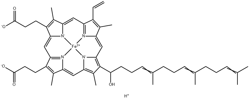 (7-ethenyl-12-(1-hydroxy-5,9,13-trimethyl-4,8,12-tetradecatrienyl)-3,8,13,17-tetramethyl-21H,23H-porphine-2,18-dipropanoato(4-)-N21,N22,N23,N24)-Ferrate(2-) Structure