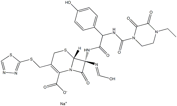 (7R)-3-[[(1,3,4-Thiadiazol-2-yl)thio]methyl]-7-formylamino-7β-[[(4-hydroxyphenyl)[[(4-ethyl-2,3-dioxopiperazin-1-yl)carbonyl]amino]acetyl]amino]cepham-3-ene-4-carboxylic acid sodium salt 结构式