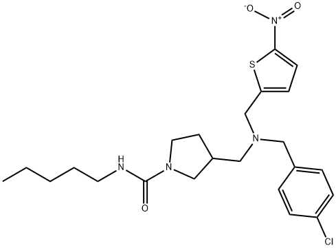 N-ペンチル-3-[[(4-クロロベンジル)(5-ニトロチオフェン-2-イルメチル)アミノ]メチル]ピロリジン-1-カルボアミド 化学構造式