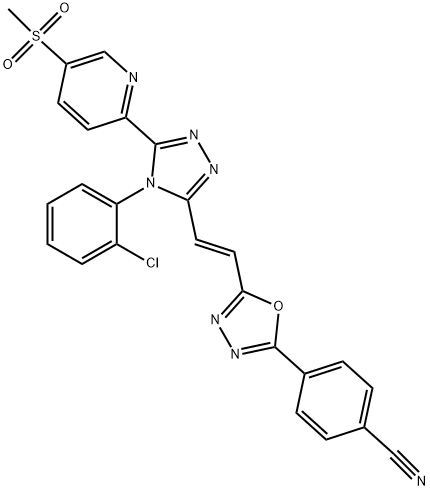4-[5-[(E)-2-[4-(2-クロロフェニル)-5-[5-(メチルスルホニル)-2-ピリジニル]-4H-1,2,4-トリアゾール-3-イル]ビニル]-1,3,4-オキサジアゾール-2-イル]ベンゾニトリル 化学構造式