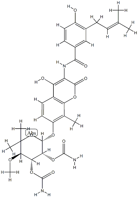 N-[7-[(2-O,3-O-ジカルバモイル-4-O,5-C-ジメチル-6-デオキシ-β-L-lyxo-ヘキソピラノシル)オキシ]-4-ヒドロキシ-8-メチル-2-オキソ-2H-1-ベンゾピラン-3-イル]-4-ヒドロキシ-3-(3-メチル-2-ブテニル)ベンズアミド 化学構造式