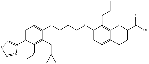 7-[3-[4-(チアゾール-4-イル)-3-メトキシ-2-(シクロプロピルメチル)フェノキシ]プロポキシ]-3,4-ジヒドロ-8-プロピル-2H-1-ベンゾピラン-2-カルボン酸 化学構造式
