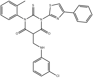 5-[[(3-chlorophenyl)amino]methyl]-1-(2-methylphenyl)-3-(4-phenyl-1,3-t hiazol-2-yl)-2-sulfanylidene-1,3-diazinane-4,6-dione 结构式