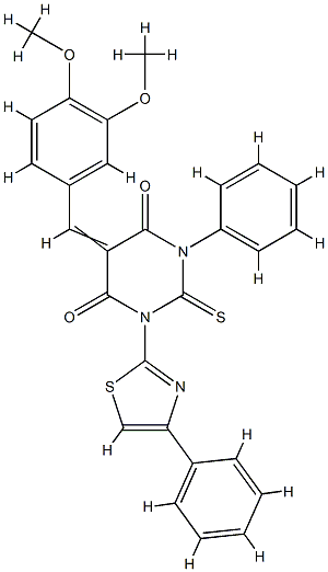(5E)-5-[(3,4-dimethoxyphenyl)methylidene]-1-phenyl-3-(4-phenyl-1,3-thi azol-2-yl)-2-sulfanylidene-1,3-diazinane-4,6-dione 结构式