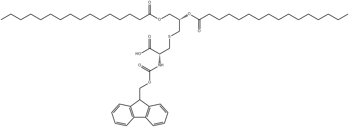 1S)-1-[[[(2R)-2-羧基-2-[[芴甲氧羰基]氨基]乙基]硫基]甲基]-1,2-乙二基双(十六烷酸)酯, 139573-78-7, 结构式